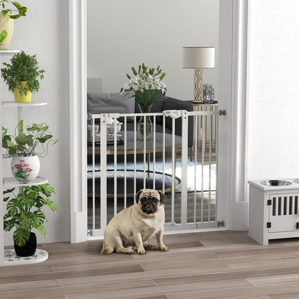 Poarta de protectie usa pentru caini, poarta bariera, 74-80/87-94 cm, poarta scara pentru animale de companie, poarta pentru caini inclusiv diverse extensii, poarta de protectie fara gaurire, metal, plastic, alb |