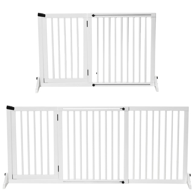 Poarta de siguranta pentru caini Poarta de siguranta de sine statatoare din lemn cu usa, alb, 113-166x36x71cm