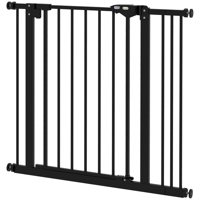 Poarta de siguranta pentru caini, poarta bariera, 74-87 cm, poarta scara pentru animale de companie, poarta pentru caini inclusiv diverse extensii, poarta de protectie fara gaurire, metal, plastic, negru |