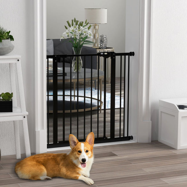 Poarta de siguranta pentru caini, poarta bariera, 74-87 cm, poarta scara pentru animale de companie, poarta pentru caini inclusiv diverse extensii, poarta de protectie fara gaurire, metal, plastic, negru |