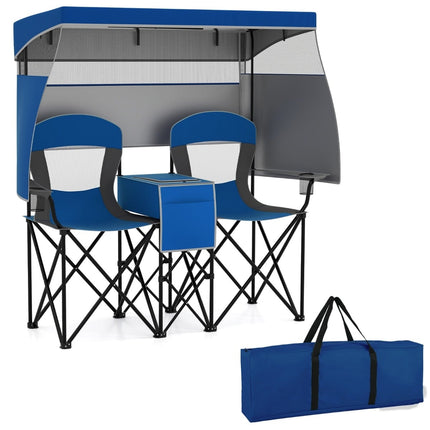 Scaun dublu de camping cu baldachin reglabil, ladă frigorifică și suporturi pentru pahare