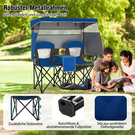 Scaun dublu de camping cu baldachin reglabil, ladă frigorifică și suporturi pentru pahare