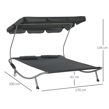 Double sun lounger in gray steel with rollable roof, 200x170x134cm