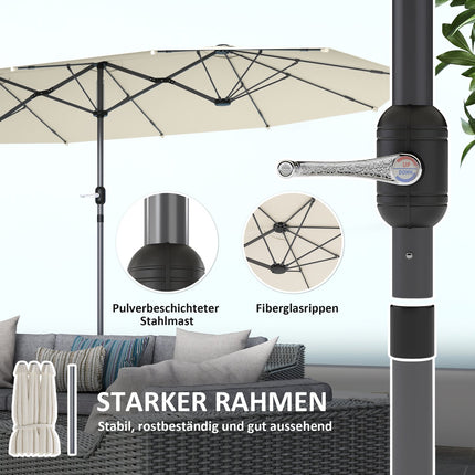 Umbrelă de soare dublă 436 x 260 cm, umbrelă de soare din oțel cu protecție UV cu manivelă, umbrelă de balcon ovală Umbrelă de plajă Umbrelă de piață rezistentă la vânt Umbrelă cu manivelă pentru plajă, balcon, grădină, bej