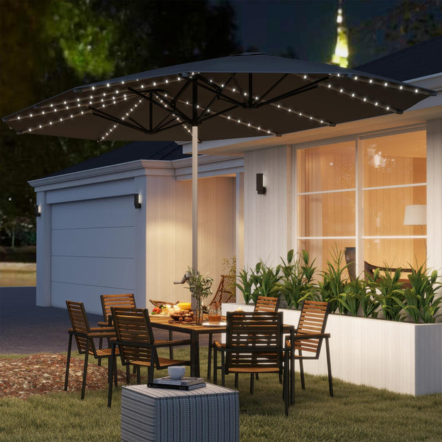 Umbrelă de soare dublă cu LED-uri solare 451 x 267 cm Aluminiu UV 50+ Umbrelă de soare cu manivelă Umbrelă de balcon Umbrelă de piață rezistentă la vânt Protecție solară pentru plajă Balcon Grădină Gri închis |