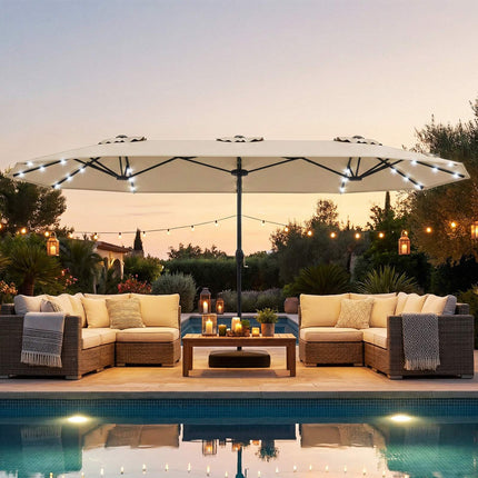 Double-Sided Parasol 4 x 2 m with 36 Solar LED Lights, Crank, Beige