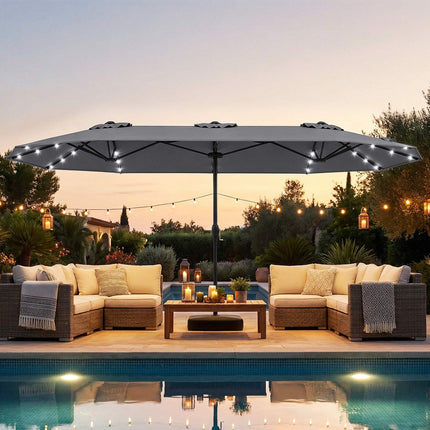 Double-Sided Parasol 4 x 2 m with 36 Solar LED Lights, Crank, Grey