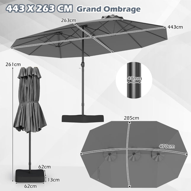 Umbrelă de terasă cu două fețe 470x285 cm, suport, UPF 50+