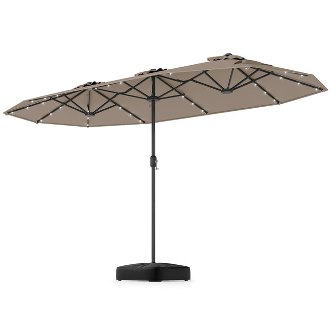 Umbrelă de terasă cu două fețe, 4 m, cu bază, LED solar, culoare cafea