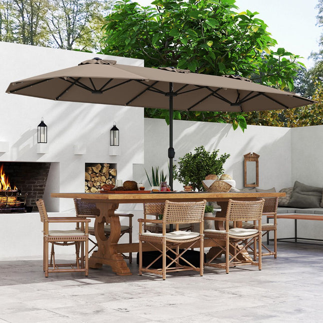 Umbrelă de terasă cu două fețe, 4 m, cu bază, LED solar, culoare cafea