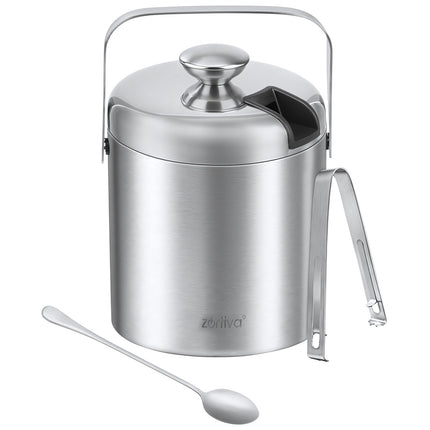 Double-Walled Ice Bucket 1.3 L with Tongs and Bar Spoon, Strainer, Lid, Silver