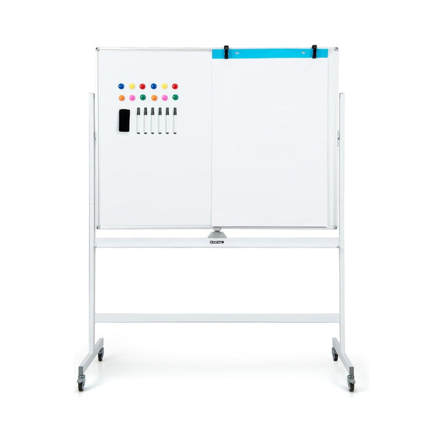 Tablă albă mobilă cu două fețe cu model de grilă și suport și tavă pentru stilouri 120x90cm alb