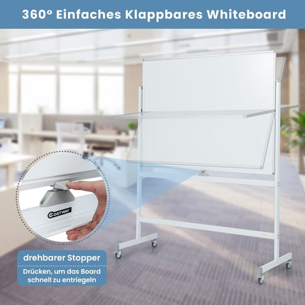 Tablă albă mobilă cu două fețe cu model de grilă și suport și tavă pentru stilouri 120x90cm alb