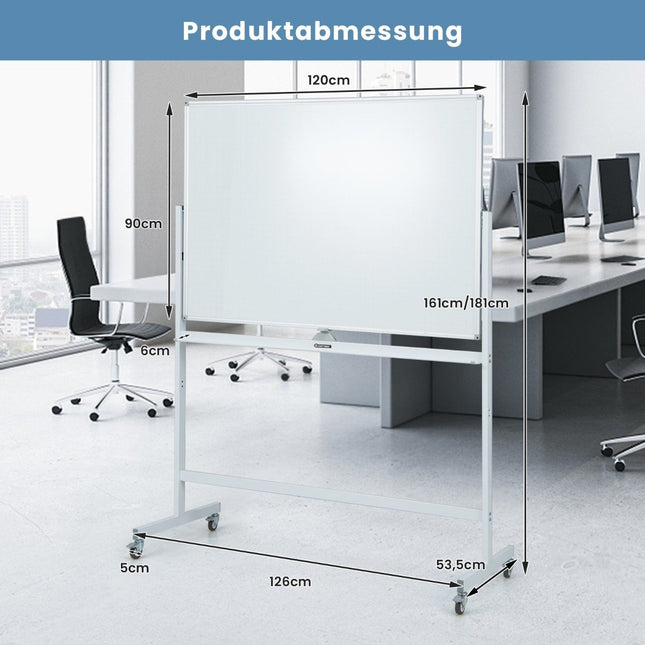 Tablă albă mobilă cu două fețe cu model de grilă și suport și tavă pentru stilouri 120x90cm alb
