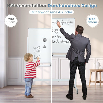 Tablă albă mobilă cu două fețe cu model de grilă și suport și tavă pentru stilouri 120x90cm alb