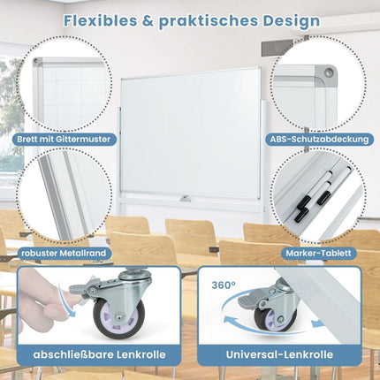 Tablă albă mobilă cu două fețe cu model de grilă și suport și tavă pentru stilouri 120x90cm alb