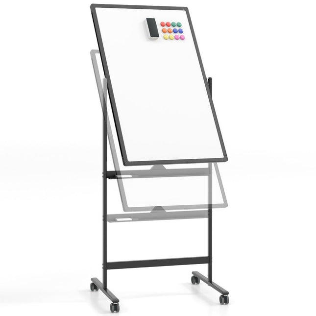 Tablă albă mobilă cu două fețe cu tavă pentru stilouri și accesorii pentru biroul școlii 60 x 90 cm negru