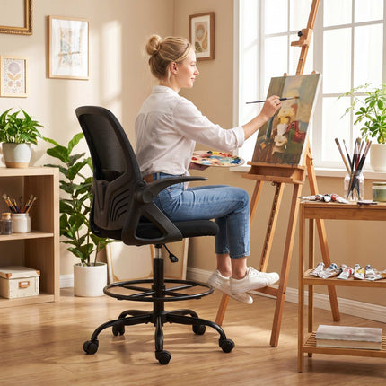 Drafting Chair with Foot Ring and Adjustable Lumbar Support, Black, Mesh Back