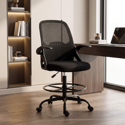 Drafting Chair with Foot Ring and Adjustable Lumbar Support, Black, Mesh Back