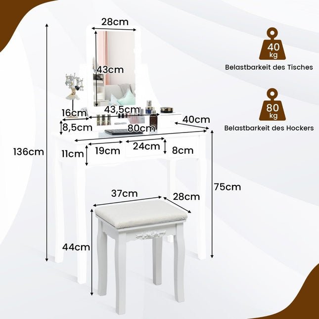 Masuta de toaleta cu iluminare LED si 5 sertare si taburet masa de toaleta masa cosmetica alb