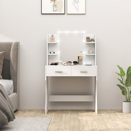 Masuta de toaleta cu oglinda si lumini LED reglabile, sertare, rafturi, alb