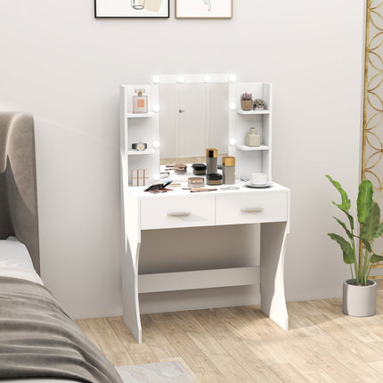 Masuta de toaleta cu oglinda si lumini LED reglabile, sertare, rafturi, alb