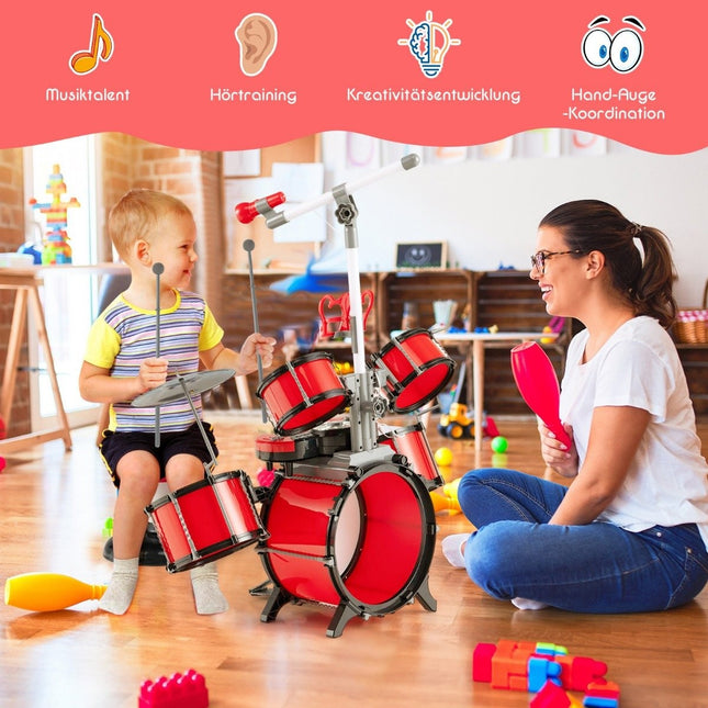 Set tobe pentru copii cu tastatura, taburet, microfon, suport muzical, rosu