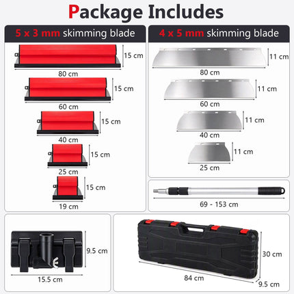 Drywall Skimming Blade Set with 5 Blades 19-80 cm, Telescopic Pole, Storage Box