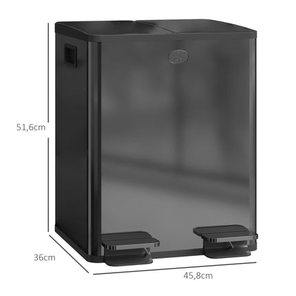 Coș de gunoi cu pedală din oțel inoxidabil, cu două compartimente, 40 l