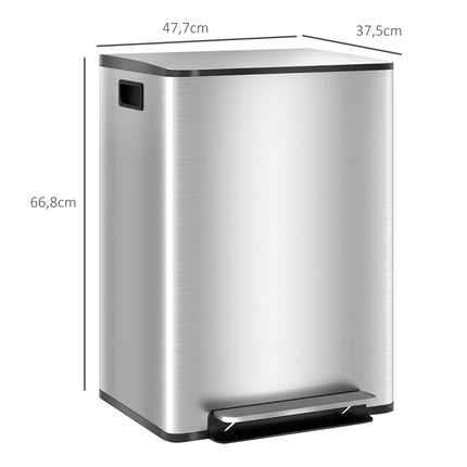 Coș de gunoi de bucătărie din oțel inoxidabil, cu două compartimente, 60 l