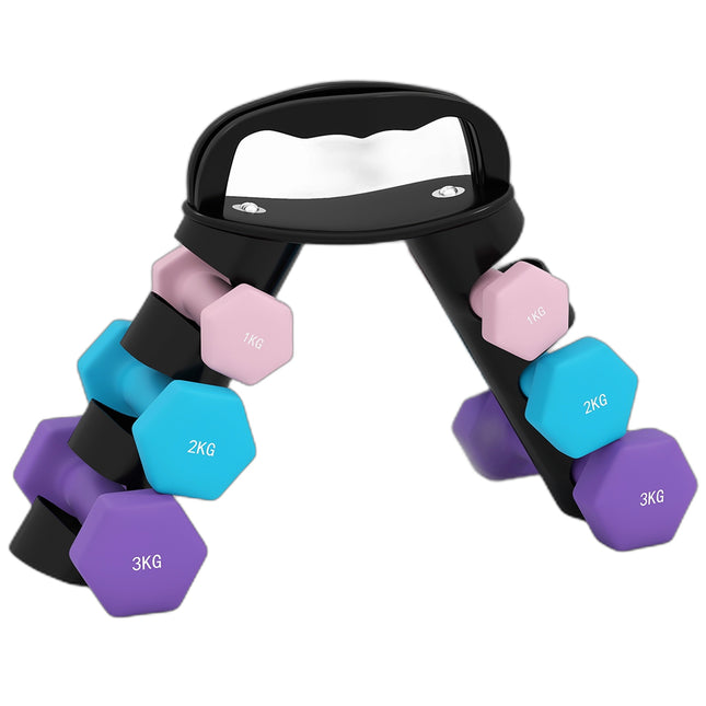 Set gantere cu suport, 6 greutăți: 1kg, 2kg, 3kg