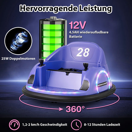 Mașinuță electrică cu bara de protecție rotativă la 360° pentru copii, 12V, violet