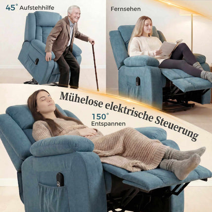 Fotoliu reclinabil albastru electric cu telecomandă și buzunare laterale