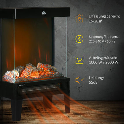 Șemineu electric cu flacără LED, 1000/2000W, negru