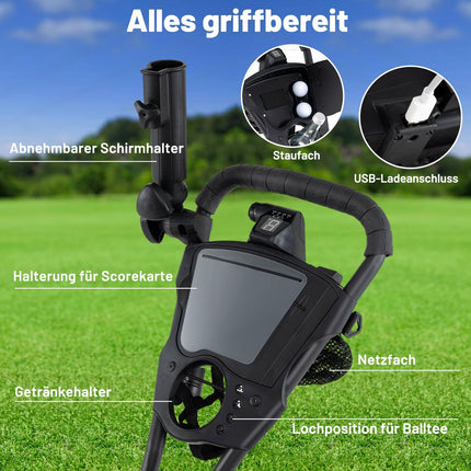 Cărucior de golf electric, cu 3 roți, mâner reglabil, port USB