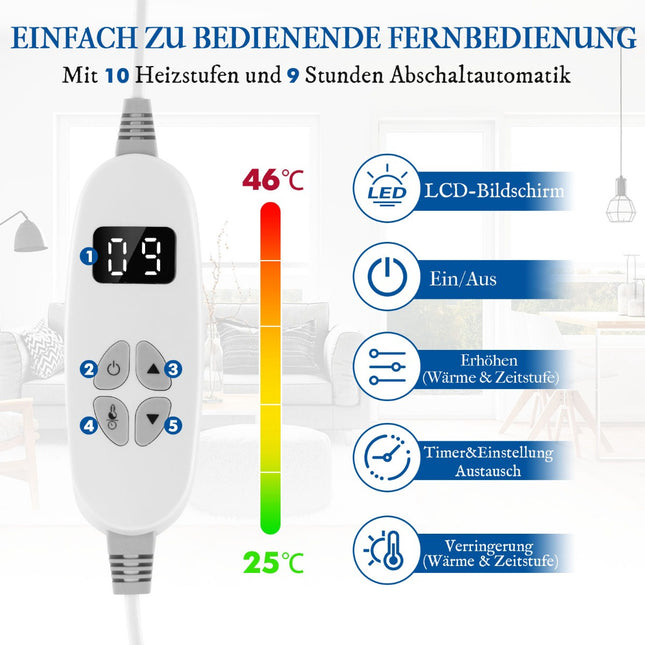Pătură încălzită electrică, 9 călduri, temporizator 9h, albastră