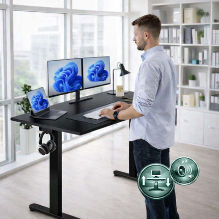 Birou electric reglabil pe înălțime – Blat cu efect de lemn, memorie