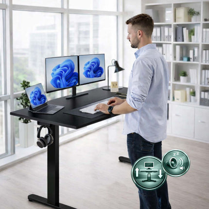 Birou electric reglabil pe înălțime – Blat cu efect de lemn, memorie