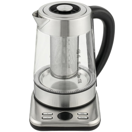 Fierbător electric 1.7L, 2200W, sticlă, termostat Strix, infuzor de ceai