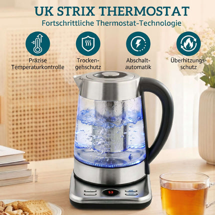 Fierbător electric 1.7L, 2200W, sticlă, termostat Strix, infuzor de ceai
