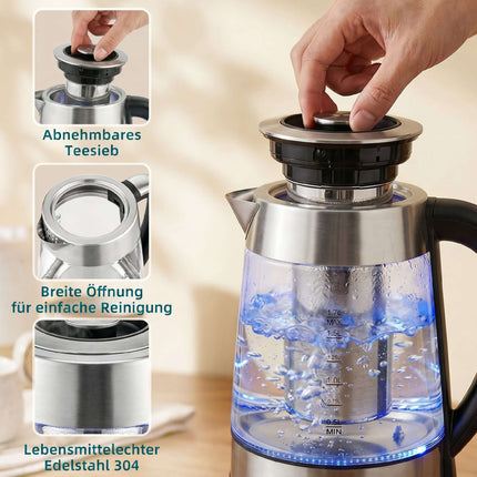 Fierbător electric 1.7L, 2200W, sticlă, termostat Strix, infuzor de ceai