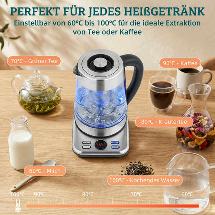 Fierbător electric 1.7L, 2200W, sticlă, termostat Strix, infuzor de ceai