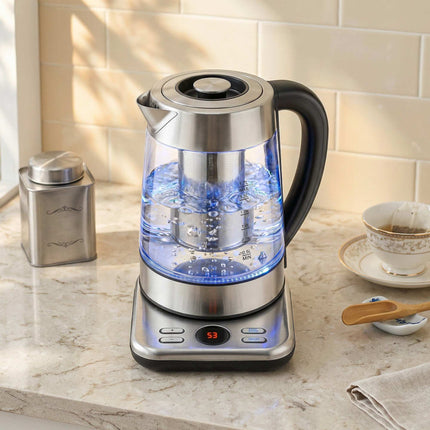 Fierbător electric 1.7L, 2200W, sticlă, termostat Strix, infuzor de ceai