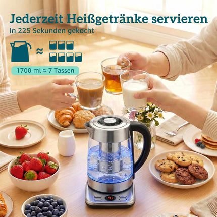 Fierbător electric 1.7L, 2200W, sticlă, termostat Strix, infuzor de ceai