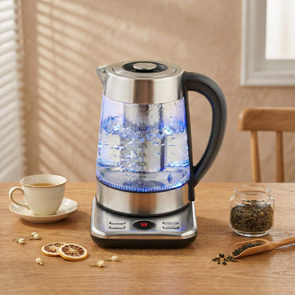 Fierbător electric 1.7L, 2200W, sticlă, termostat Strix, infuzor de ceai