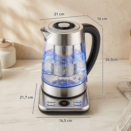 Fierbător electric 1.7L, 2200W, sticlă, termostat Strix, infuzor de ceai