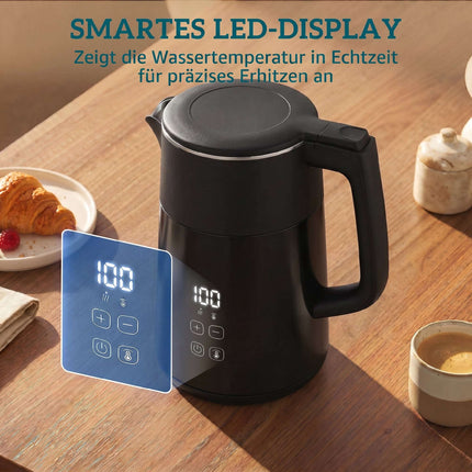 Fierbător electric 1,7 l, 2200 W, afișaj LED, menținere la cald, oprire automată