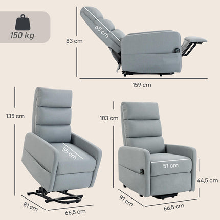 Electric Lift Recliner Chair with Remote Control, 135° Recline, Light Grey