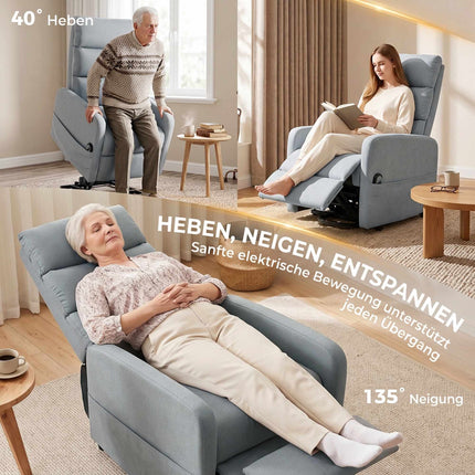 Electric Lift Recliner Chair with Remote Control, 135° Recline, Light Grey