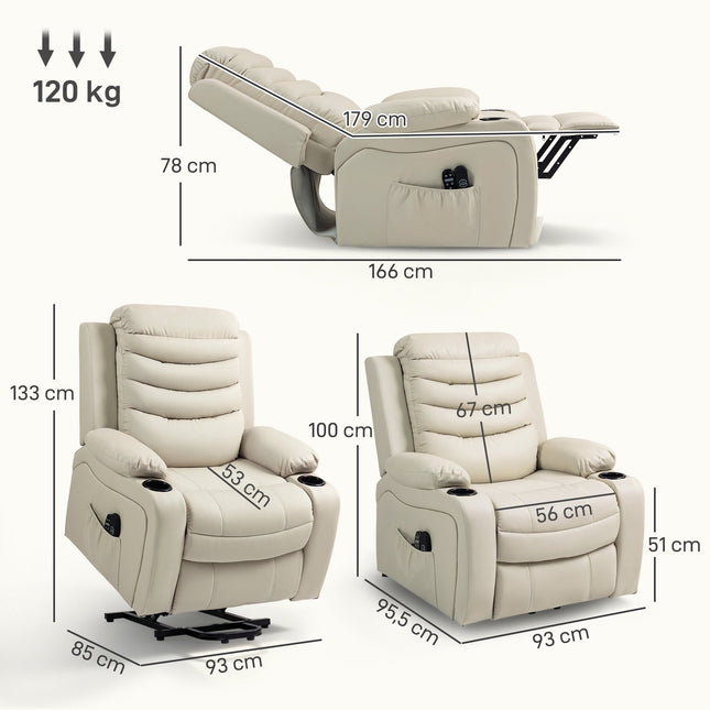 Electric Recliner Chair with Lift, Massage, Heat, USB, Cream